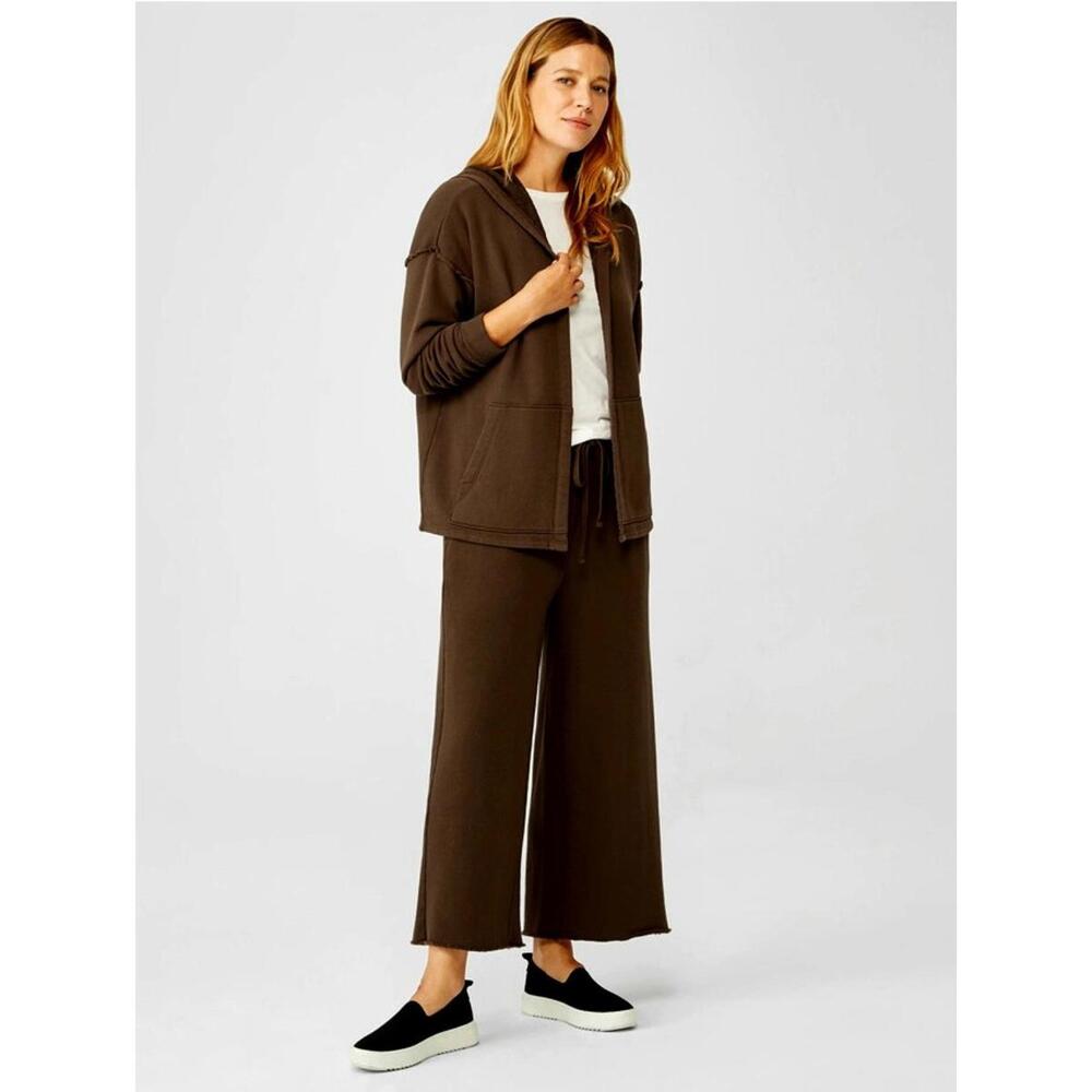 Eileen Fisher Organic Cotton French Terry Hooded Jacket Dark Brown Size L